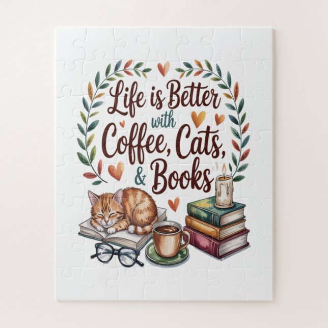 Das Leben ist besser mit Kaffee Katzen Büchern Puzzle (Vertikal)