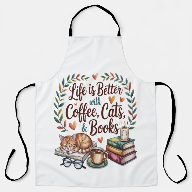 Das Leben ist besser mit Kaffee Katzen Büchern Schürze (Vorderseite)