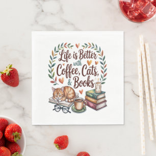 Das Leben ist besser mit Kaffee Katzen Büchern Serviette
