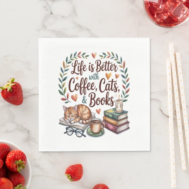 Das Leben ist besser mit Kaffee Katzen Büchern Serviette (Beispiel)
