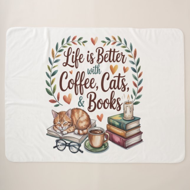 Das Leben ist besser mit Kaffee Katzen Büchern Sherpadecke (Vorderseite (Horizontal))