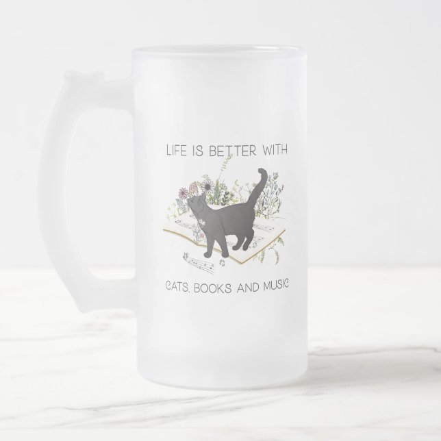 Das Leben ist besser mit Katzen-Büchern und Musik Mattglas Bierglas (Links)