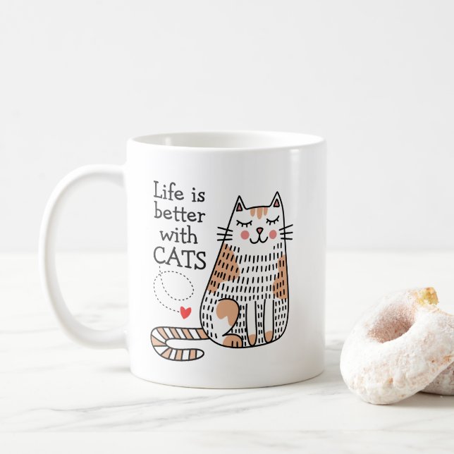 Das Leben ist besser mit Katzen Doodle Kaffeetasse (Mit Donut)