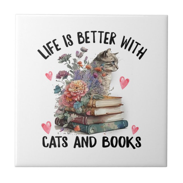 Das Leben ist besser mit Katzen und Büchern Lustig Fliese (Vorderseite)