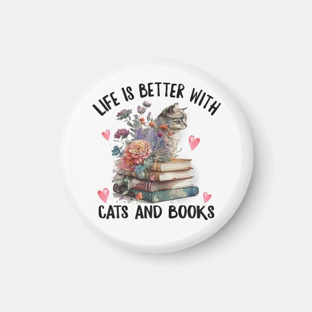 Das Leben ist besser mit Katzen und Büchern Lustig Magnet (Vorne)
