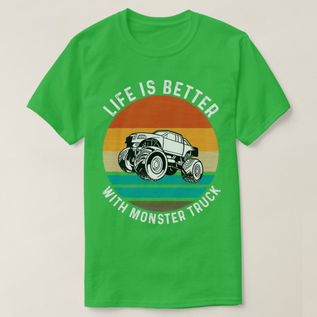Das Leben ist besser mit Monster-LKWs-Garage-Autos T-Shirt (Design vorne)