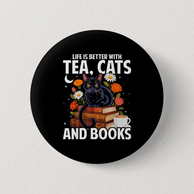 Das Leben ist besser mit Teekatzen und Büchern lus Button (Vorderseite)
