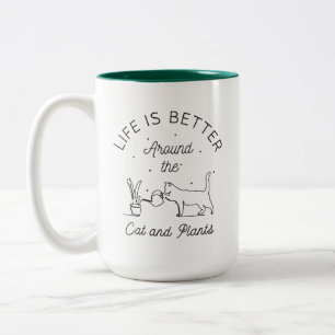 Das Leben ist besser um Katze und Pflanze herum Zweifarbige Tasse