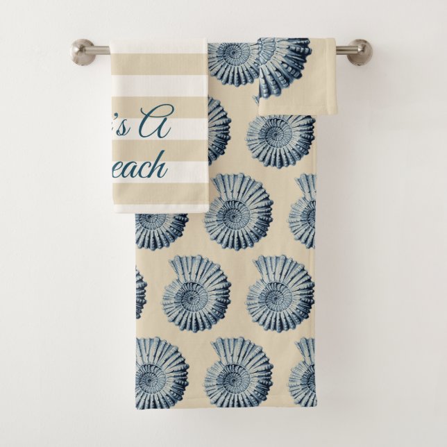 Das Leben ist ein Beach Spiral Blue Seashells Badhandtuch Set (Insitu)