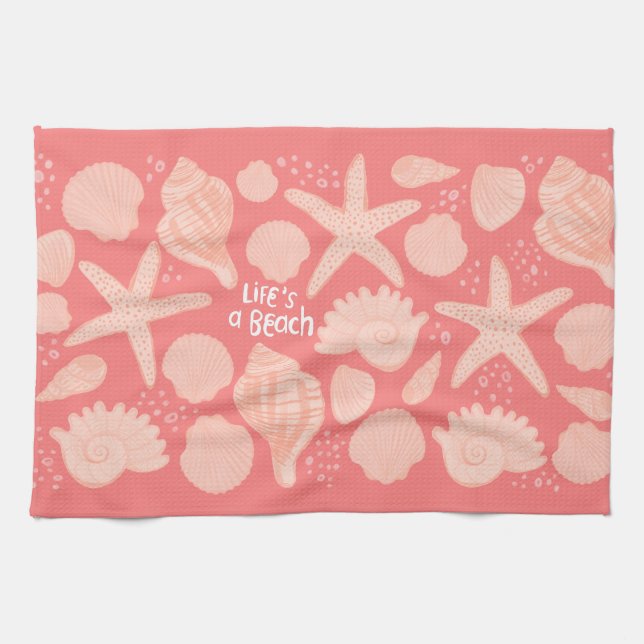 Das Leben ist ein Strand rosa Muscheln in Rosa Geschirrtuch (Horizontal)