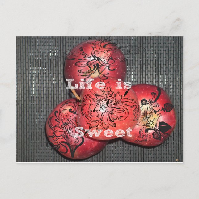 Das Leben ist süß: Design von Apple und Blumenmoti Postkarte (Vorderseite)