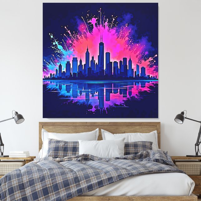 Das lebendige Stadtbild Splash Art Leinwanddruck (Insitu (Schlafzimmer))