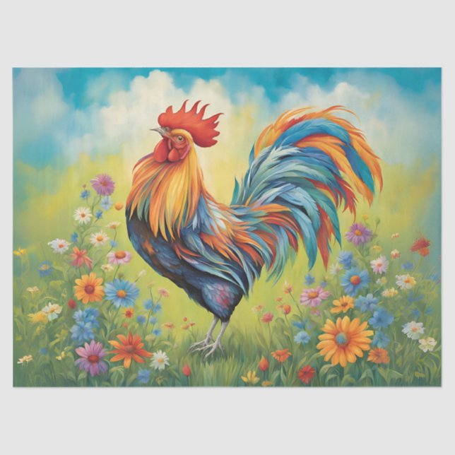 Das lebhafte Rooster im Blumengarten Seidenpapier (Vorderseite)