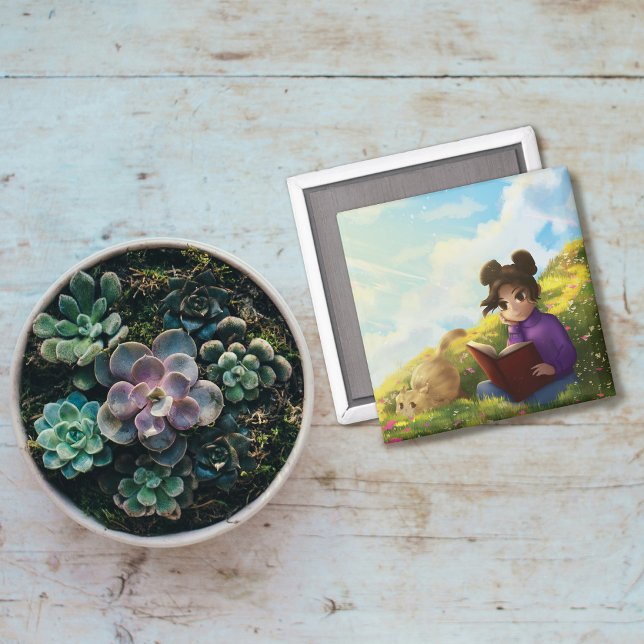 Das Lesermädchen und das gelangweilte Katzen-Magne Magnet (Von Creator hochgeladen)