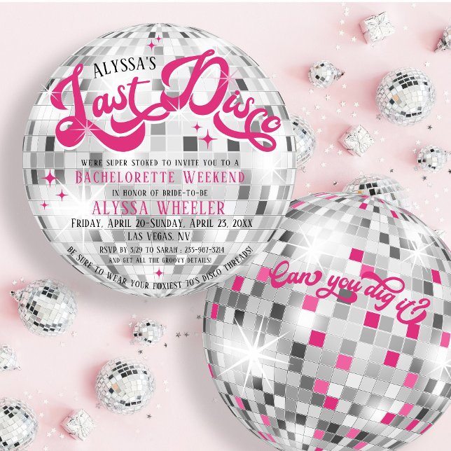 Das letzte Disco-Ball der Braut Einladung (Last Disco retro groovy hot pink and silver round disco ball shape wedding bachelorette invite)