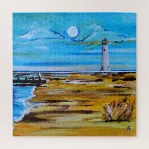 Das Leuchtturm am Strand Gemälde von Alfred Fox Puzzle