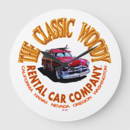 Das Logo der "Classic Woody Rental Car Company" Ve Große Wanduhr
