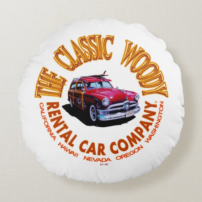 Das Logo der "Classic Woody Rental Car Company" Ve Rundes Kissen (Vorderseite)
