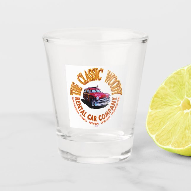 Das Logo der "Classic Woody Rental Car Company" Ve Schnapsglas (Vorderseite)