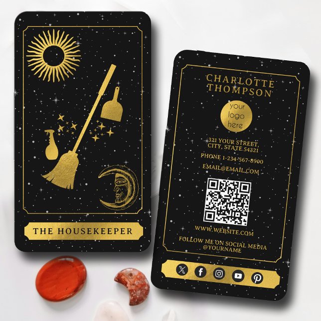 Das Logo des Celestial Tarot Black Gold Cleaning M Visitenkarte (Celestial Tarot Logo Black Gold Cleaning Maid Business Card)
