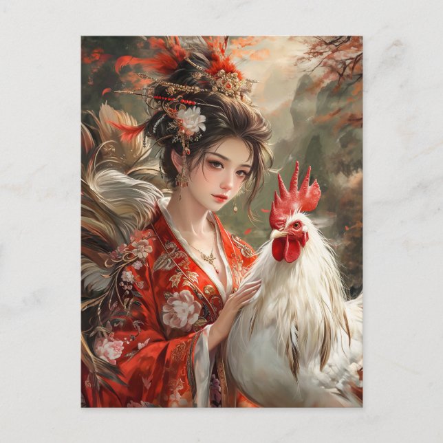 Das Mädchen mit dem Rooster-Chinesisch Zodiac Art Postkarte (Vorderseite)