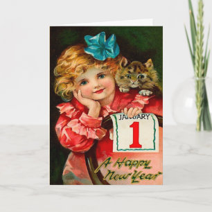 Das Mädchen und die Katze - Neujahrsgruß Postkarte