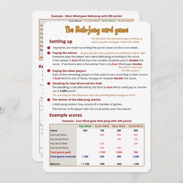 Das Mah-Jong-Kartenspiel - Abrechnung Einladung (Vorne/Hinten)