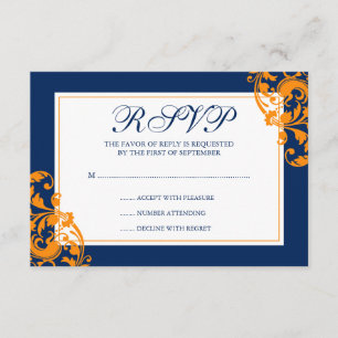 Das Marine-Blau und Orange blühen Wirbel Wedding RSVP Karte