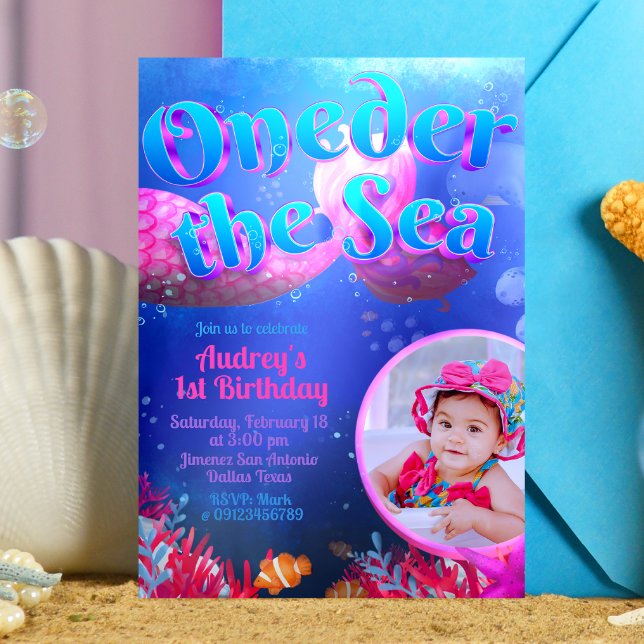 Das Meer mit Foto Einladung (Oneder the Sea - Girl Mermaid 1st Birthday Invitation with Picture)