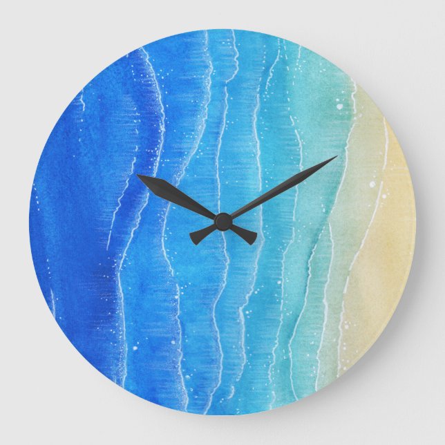 Das Meer und der Strand sind in Aquarellen gehalte Große Wanduhr (Vorderseite)