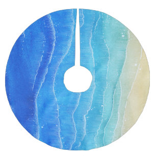 Das Meer und der Strand sind in Aquarellen gehalte Polyester Weihnachtsbaumdecke
