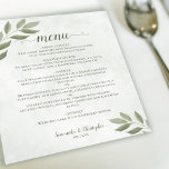 Das Menü "Wistful Sage Green Blätter"<br><div class="desc">Diese rustikalen Hochzeitsmenüs sind einfach,  elegant und stilvoll,  aber dennoch preisgünstig. Sie zeichnen sich durch ein wunderschönes Design aus,  mit handgemalten Salbei-grünen Aquarellfarben-Blätter und Schriftzeichen-Kalligraphie auf einem marmorfarbenen,  weißen Hintergrund. Ideal für einen rustikalen oder Outdoor-Empfang.</div>