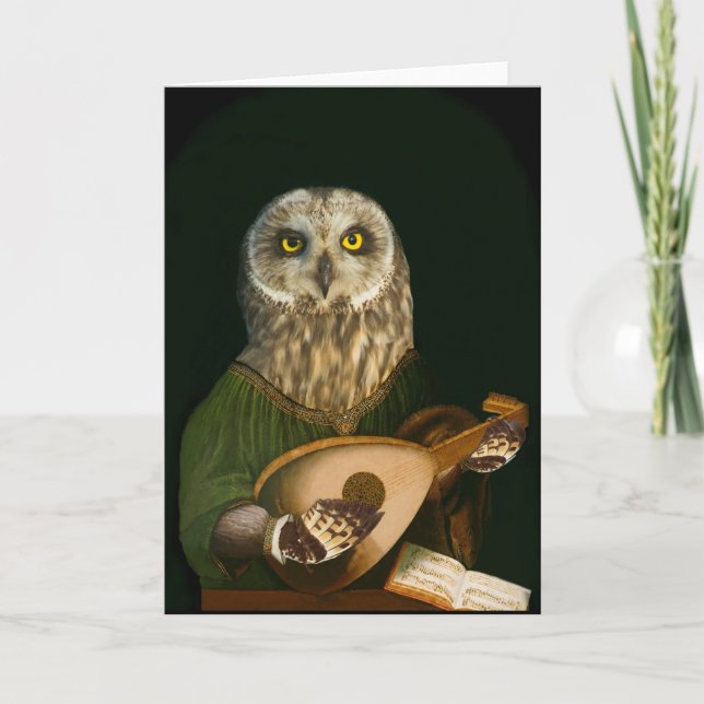 Das mittelalterliche Owl spielt seine Lute Dankeskarte (Vorderseite)