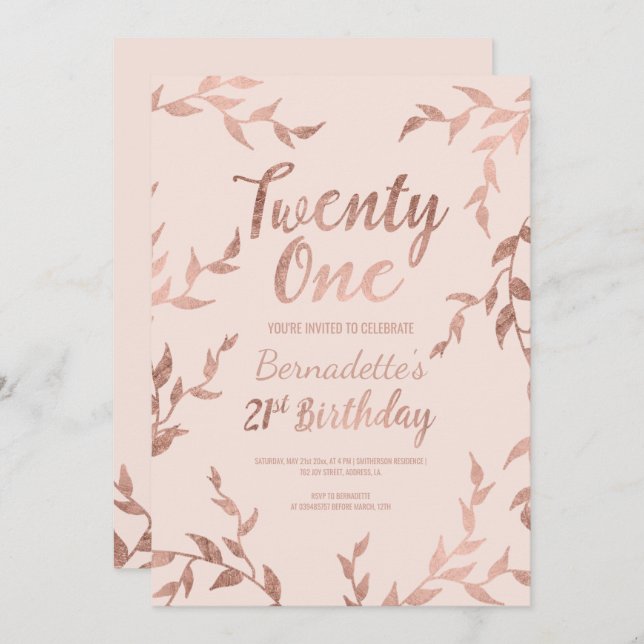 Das moderne Blumen Rosengold erröten Rosa 21. Einladung (Vorne/Hinten)