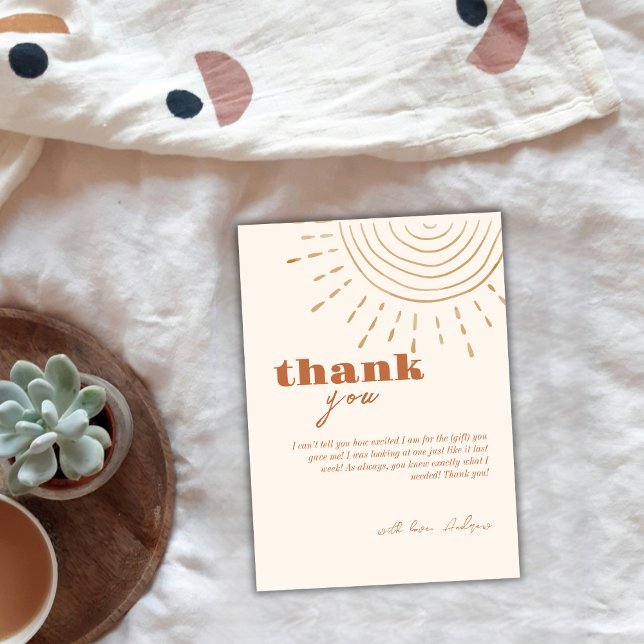 Das moderne Boho kommt hier zur Son Baby Dusche Dankeskarte (Modern Boho Here Comes The Son Baby Shower Thank You Card)
