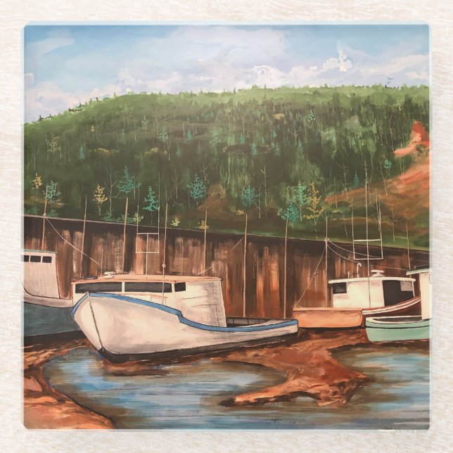 Das moderne Fischerdorf Braunen und Grüntöne Glasuntersetzer (Vorderseite)