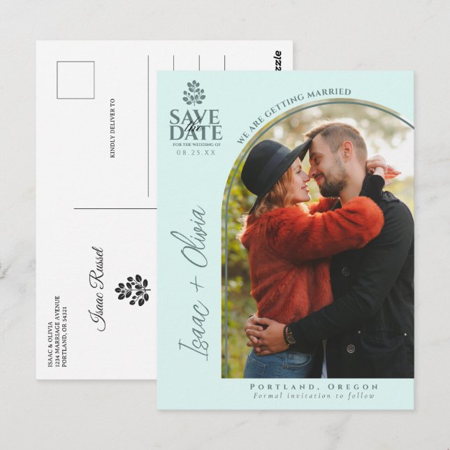 Das moderne Foto Boho Eucalyptus Arch Save the Dat Postkarte (Vorne/Hinten)