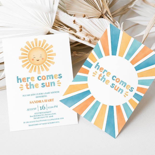 Das moderne Orange Aquamarin kommt mit der Son Bab Einladung (Here Come The Son Baby Shower Invitation Template, Modern Retro, Sun Themed Baby Shower invitation)
