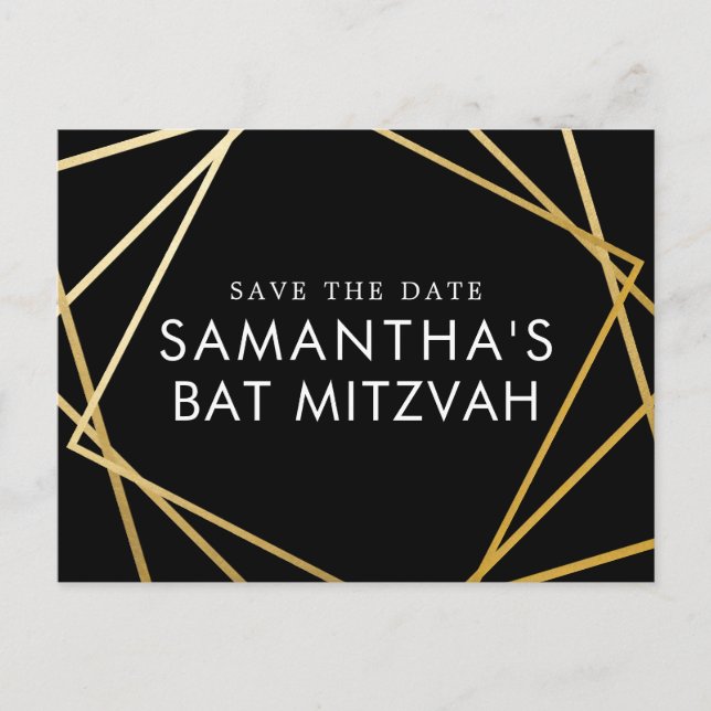 Das moderne Schwarz-Gold-Bat Mitzvah Save the Date Ankündigungspostkarte (Vorderseite)