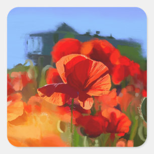 Das Mohn-Haus - Ölgemälde Quadratischer Aufkleber