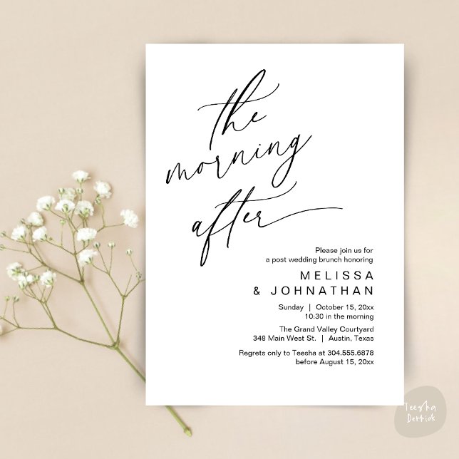 Das Morgen danach, Happy End Brunch Einladung (The Morning After Modern Romantic Post Wedding Elopement Brunch Invitation Card PDF in White Black)