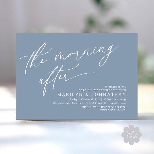 Das Morgen danach, Happy End Brunch Einladung (The Morning After Modern Romantic Post Wedding Elopement Brunch Invitation Card PDF in Dusty Blue)