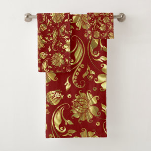 Das Muster der dunkelroten und goldfarbenen Damask Badhandtuch Set