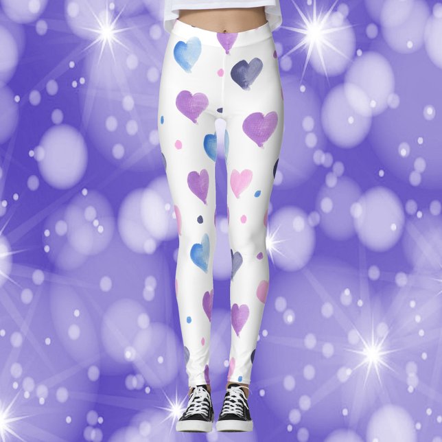 Das Muster der Wasserfarbe Lila Blau hören Leggings (A pair of leggings with a watercolor pattern of pink, blue and purple hearts and dots.)
