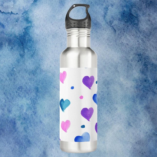 Das Muster der Wasserfarben im Lila blauen Rosa Edelstahlflasche (A water bottle with a cute heart watercolor pattern done in pink, blue and purple)