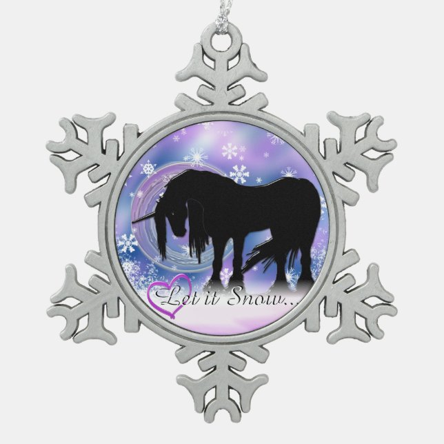Das mystische Schwarze Einhorn (Lass es schneien) Schneeflocken Zinn-Ornament (Vorderseite)
