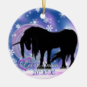 Das mystische Schwarze Einhorn w/ Jahr (Let it Sno Keramikornament