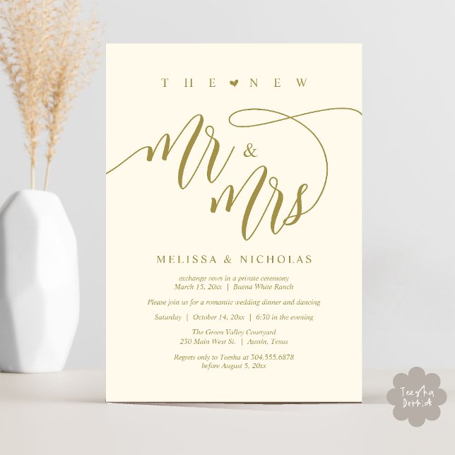 Das neue Mr. and Mrs Modern Wedding Party Dinner Einladung (The New Mr and Mrs, Modern Romantic Wedding Dinner Party Invites Card PDF in Aesthetic Yellow Gold)