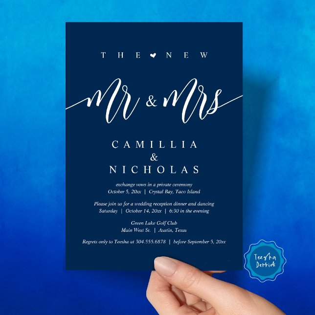 Das neue Party von Mr. und Mrs. Einladung (The New Mr and Mrs, Wedding Elopement Dinner Party Invitation Card, PDF, Navy Blue)