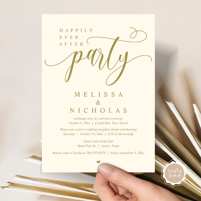 Das neue Party von Mr. und Mrs. Einladung (Happily ever after, Wedding Elopement Dinner Party Lunch Brunch Invitation Card, PDF, Yellow Gold)